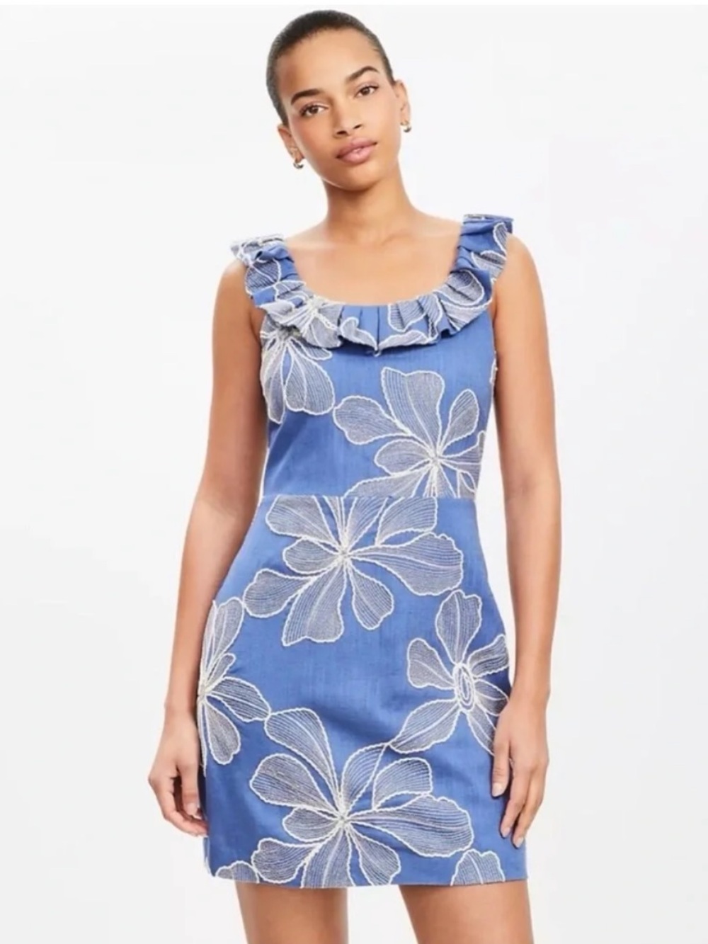 LOFT Blue Floral Linen Embroidered Sundress size 10